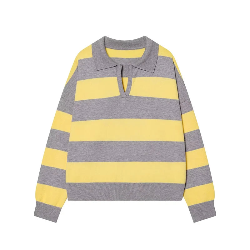 Women's Striped Polo Collar Loose Fit Sweater Casual Knit Layer