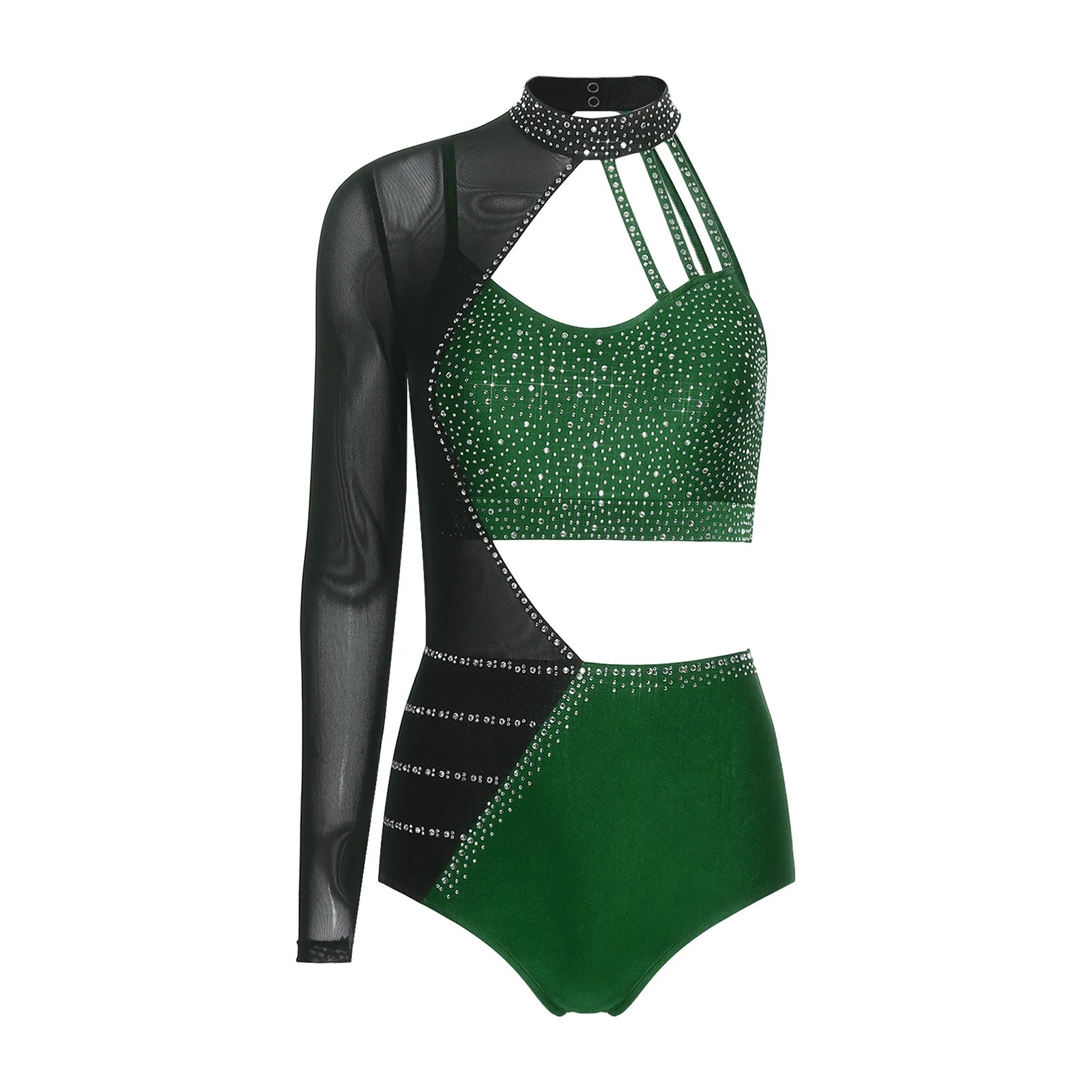 Women's Asymmetric Rhinestone Dance Bodysuit with Cutouts and Mesh Sleeve