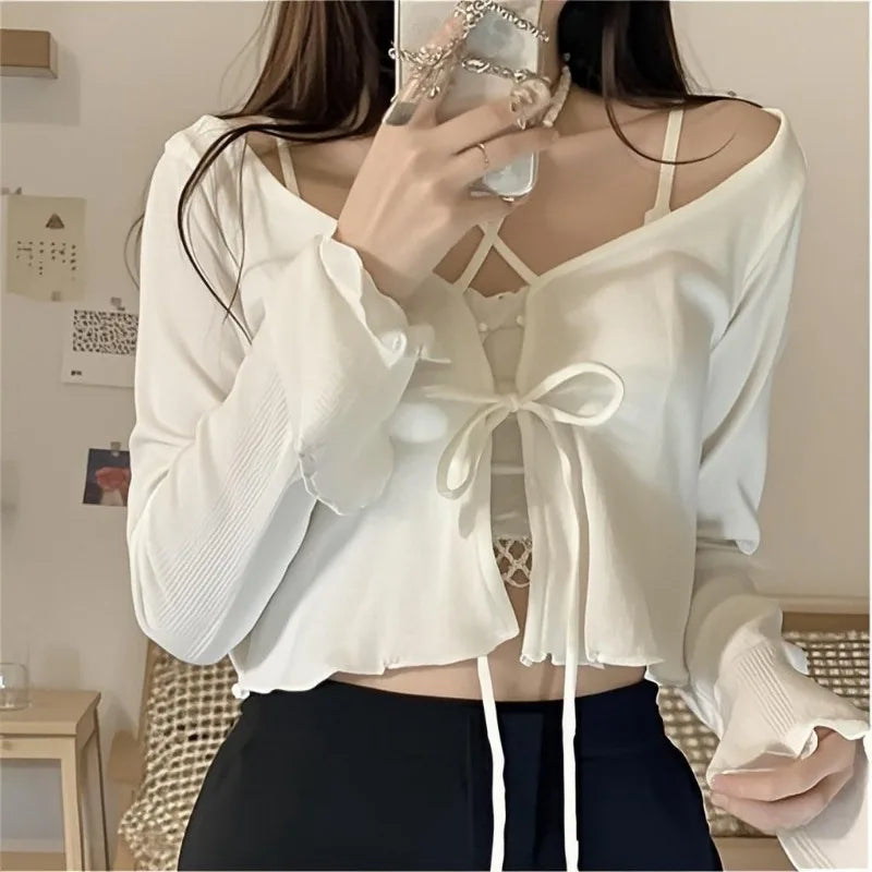 Women's Tie Front Flare Cuff Cardigan Casual Knit Layer