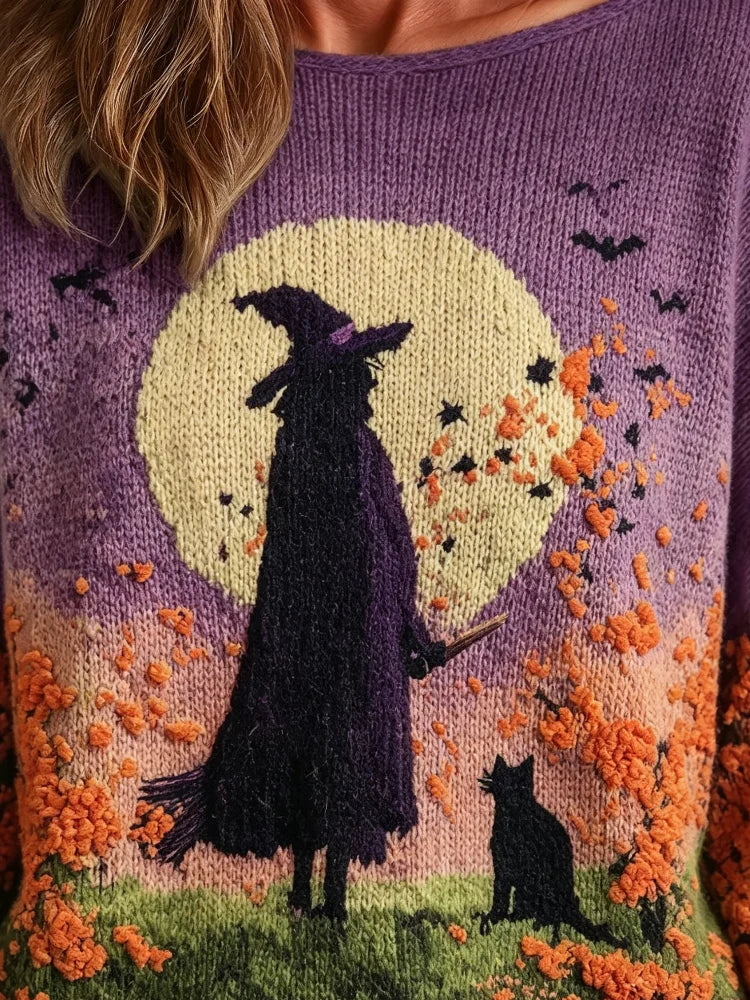 Women's Halloween Witch Graphic Crew Neck Sweater Casual Knit Layer