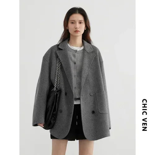 Women's Relaxed Double Breasted Lapel Coat for Layered Outfits