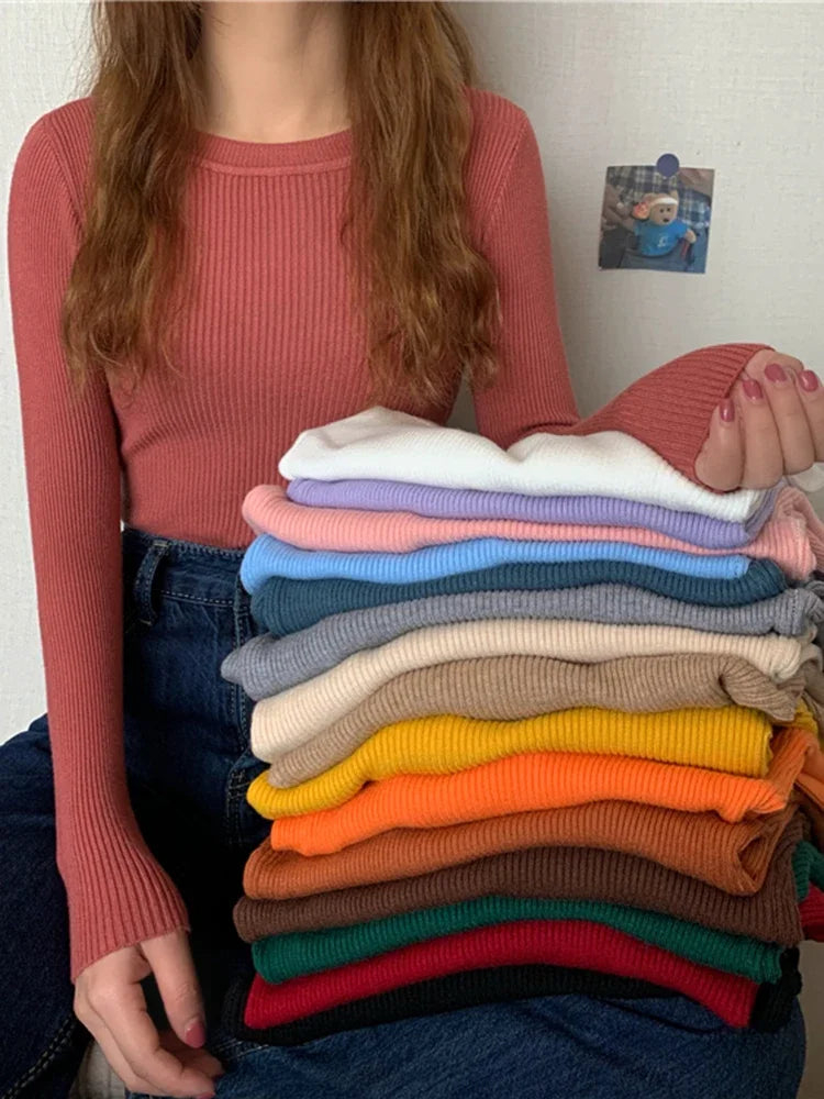 Women's Acrylic-Cotton Solid Long-Sleeve Crewneck Slim-Fit Knit Pullover Sweater for Everyday Outfits