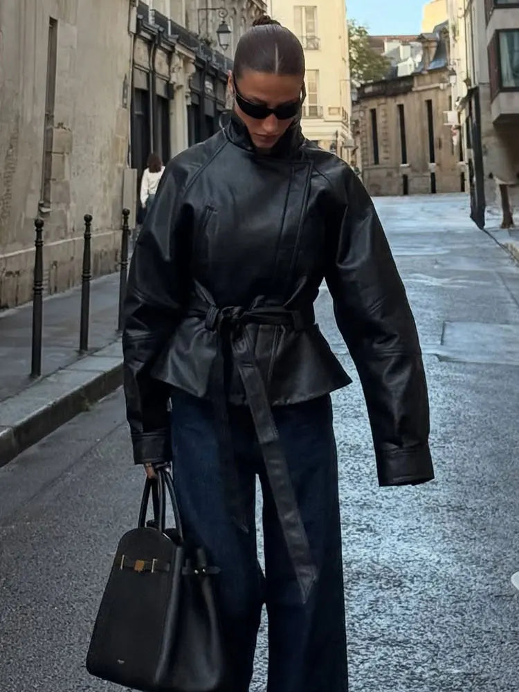 Women's Belted Faux Leather Lapel Jacket for Layered Outfits
