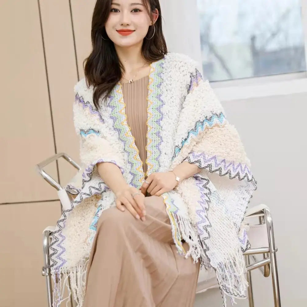 Zigzag Knit Fringe Poncho for Layering over Outfits