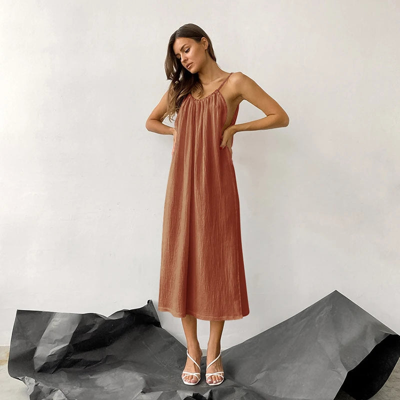 Women's Cotton Sleeveless Loose A-Line Midi Dress with Straps and Tie Detail