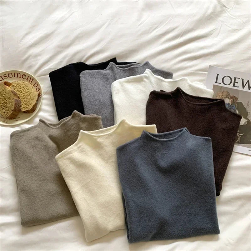 Women's Plain Mock Neck Knit Sweater Casual Knit Layer
