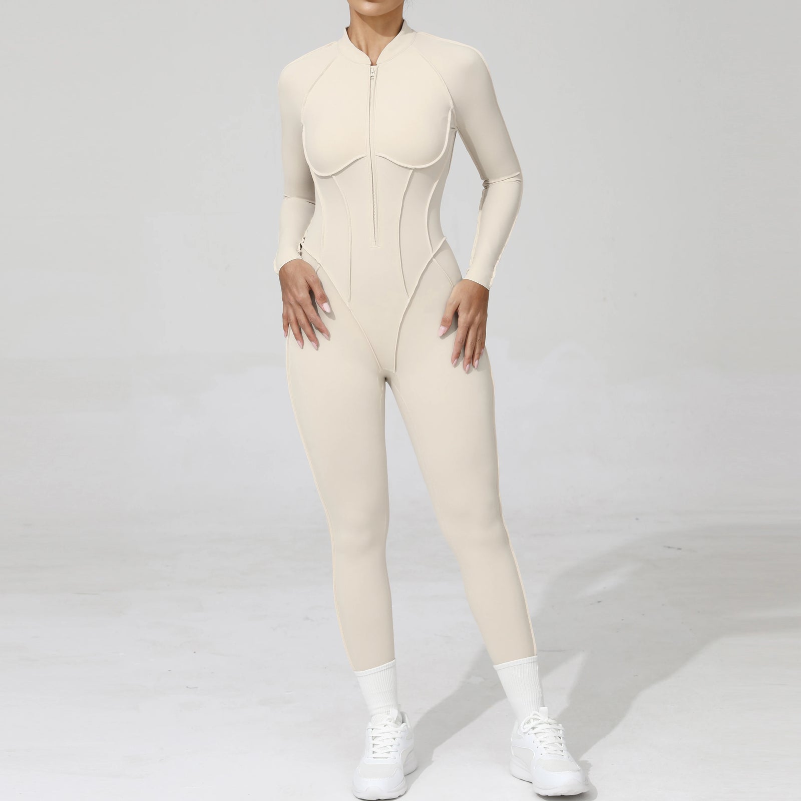 Women's Long Sleeve Zip Front Back Cutout Workout Jumpsuit