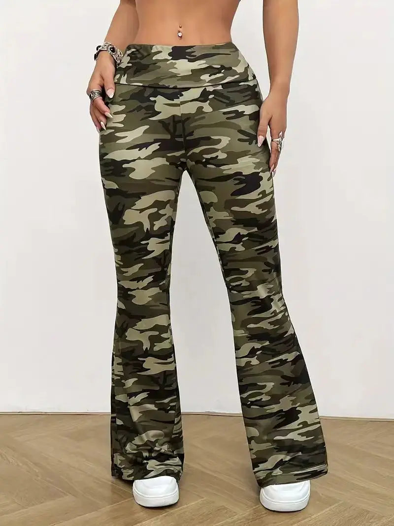 Women's High Waist Camouflage Polyester Flared Pants for Casual Activewear Outfits