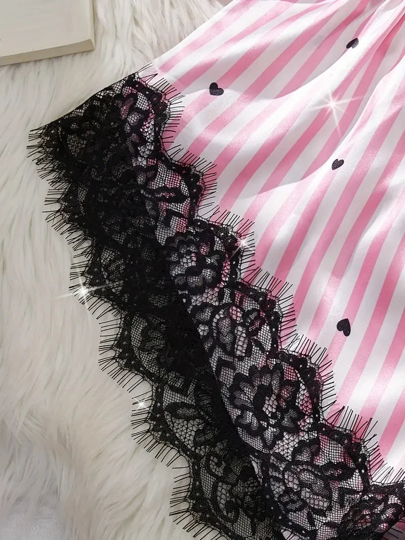 Women's Lace Trim Striped Cami Pajama Set with Top and Shorts