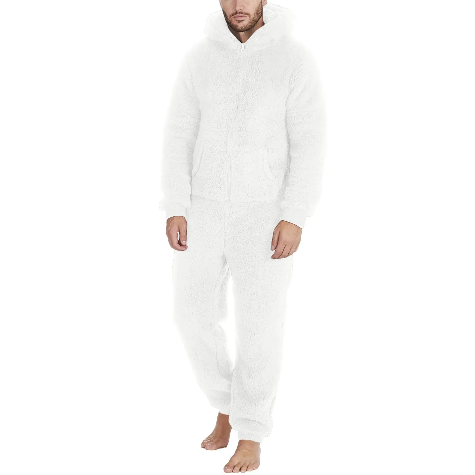Men's Hooded Zip Front Long Sleeve Plush Pajama Jumpsuit