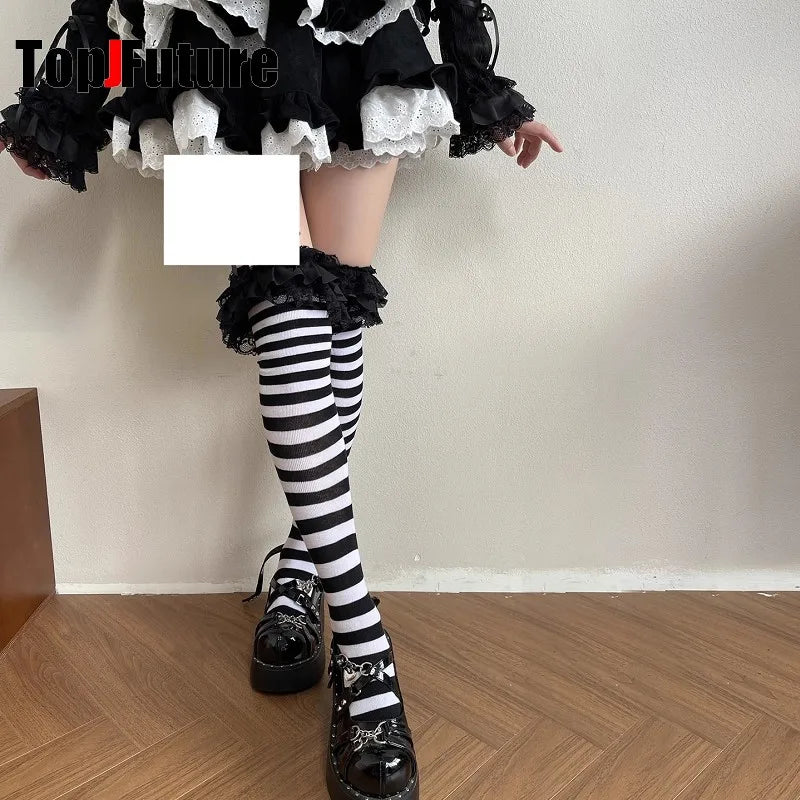 Striped Thigh High Stockings with Lace and Strap Details