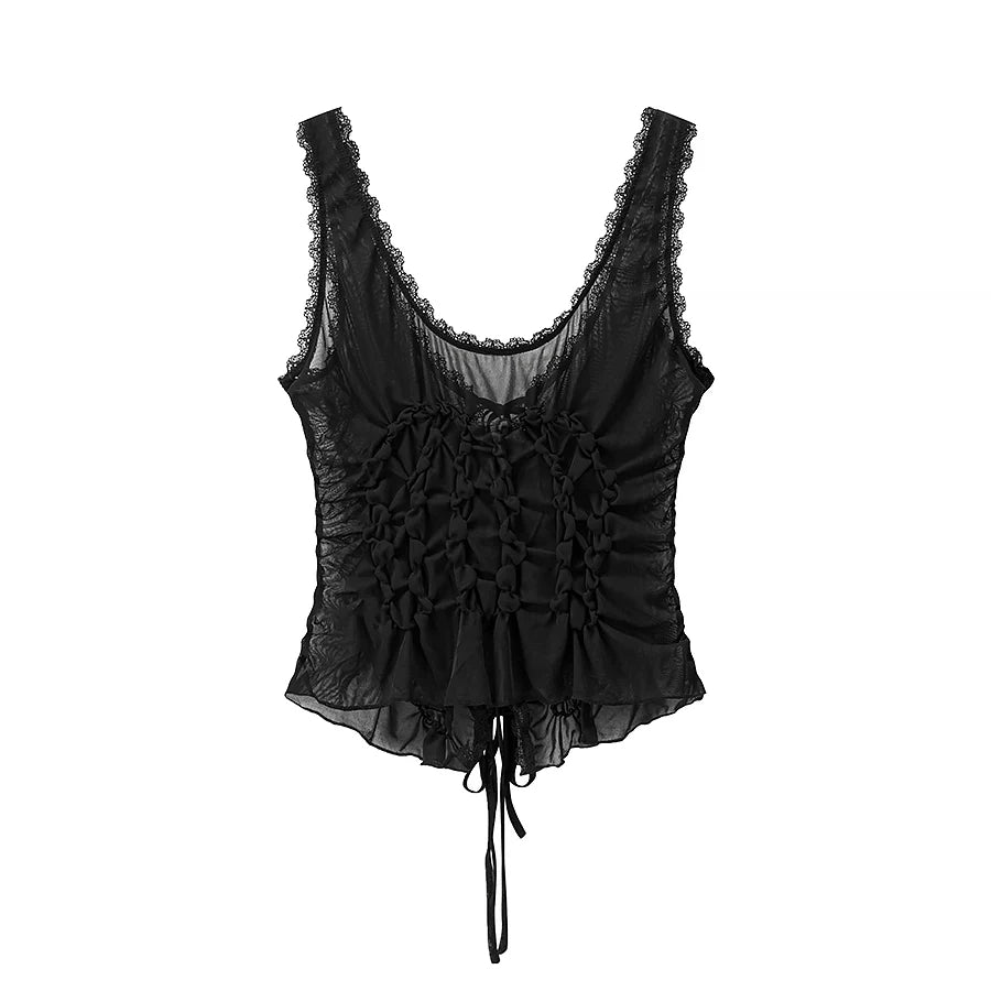 Women's Ruched Polyester Tank Top with Lace Trim and Front Tie