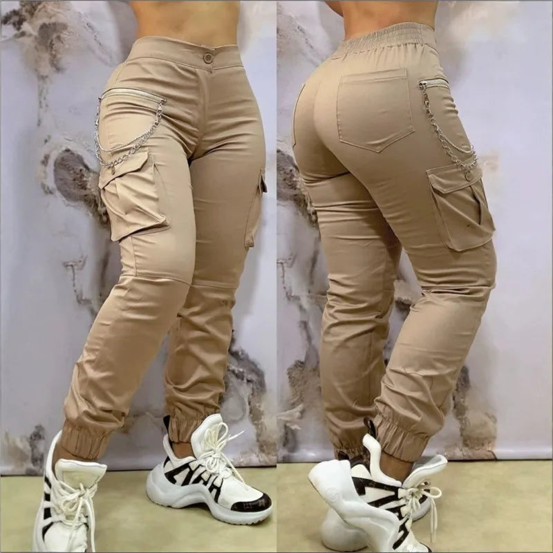 Women's Khaki Cargo Joggers with Gathered Cuffs and Side Pockets