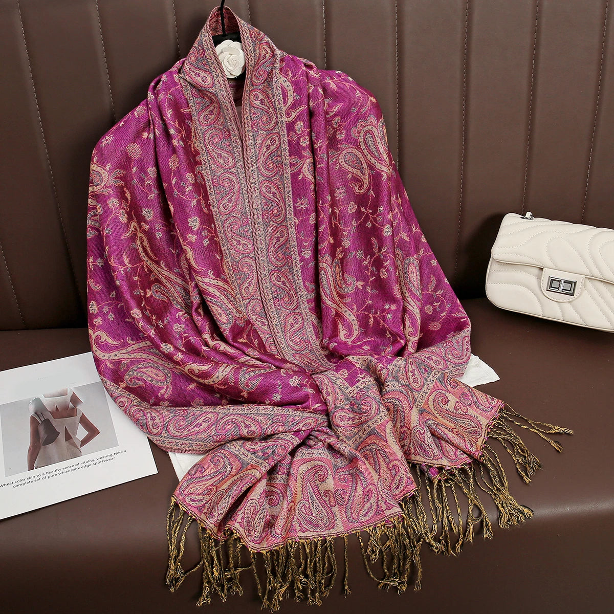 Paisley Floral Print Long Scarf with Fringed Ends