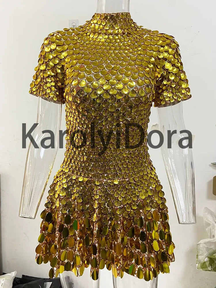 Women's Disc Sequin Mini Dance Dress with Short Sleeves and High Neck