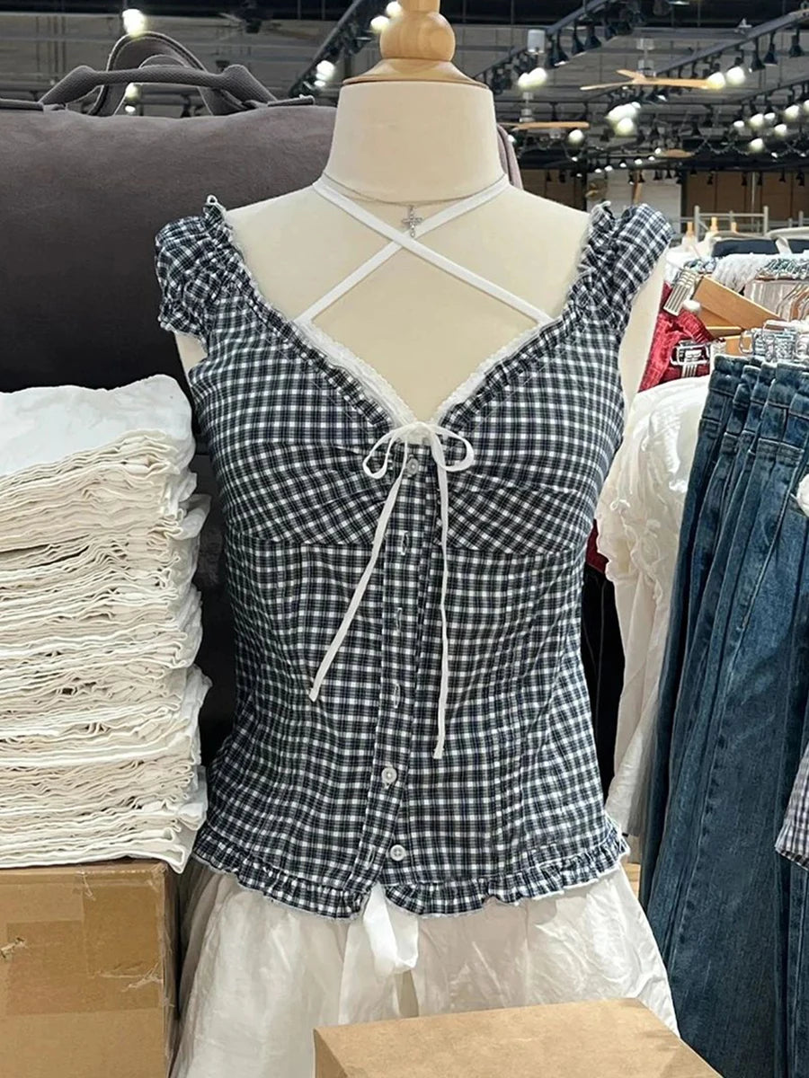 Women's Ruffled Cotton Sleeveless Blouse with Button Front and Mixed Pattern Options