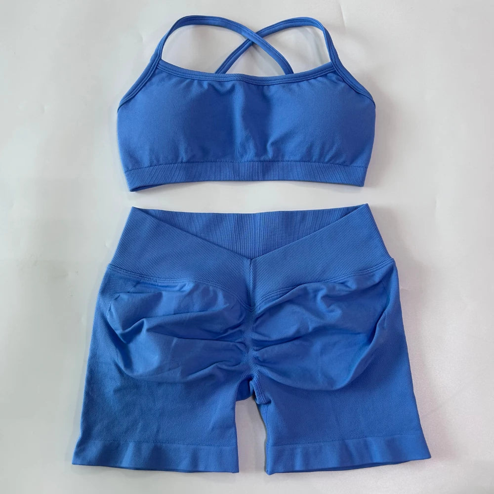 Women's Cross Strap Bra And Shorts Yoga Set