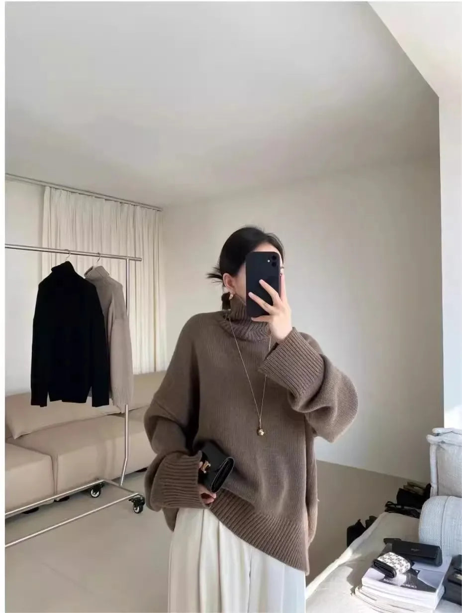 100% pure cashmere sweater for women high-neck sweater loose and thickened silhouette sweater