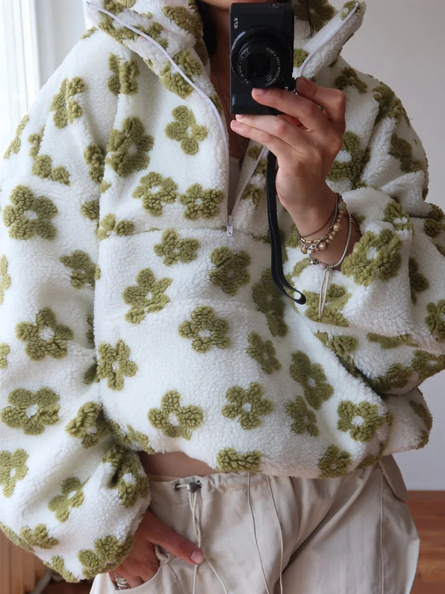 Floral Fleece Stand Collar Half Zip Long Sleeve Sweatshirt