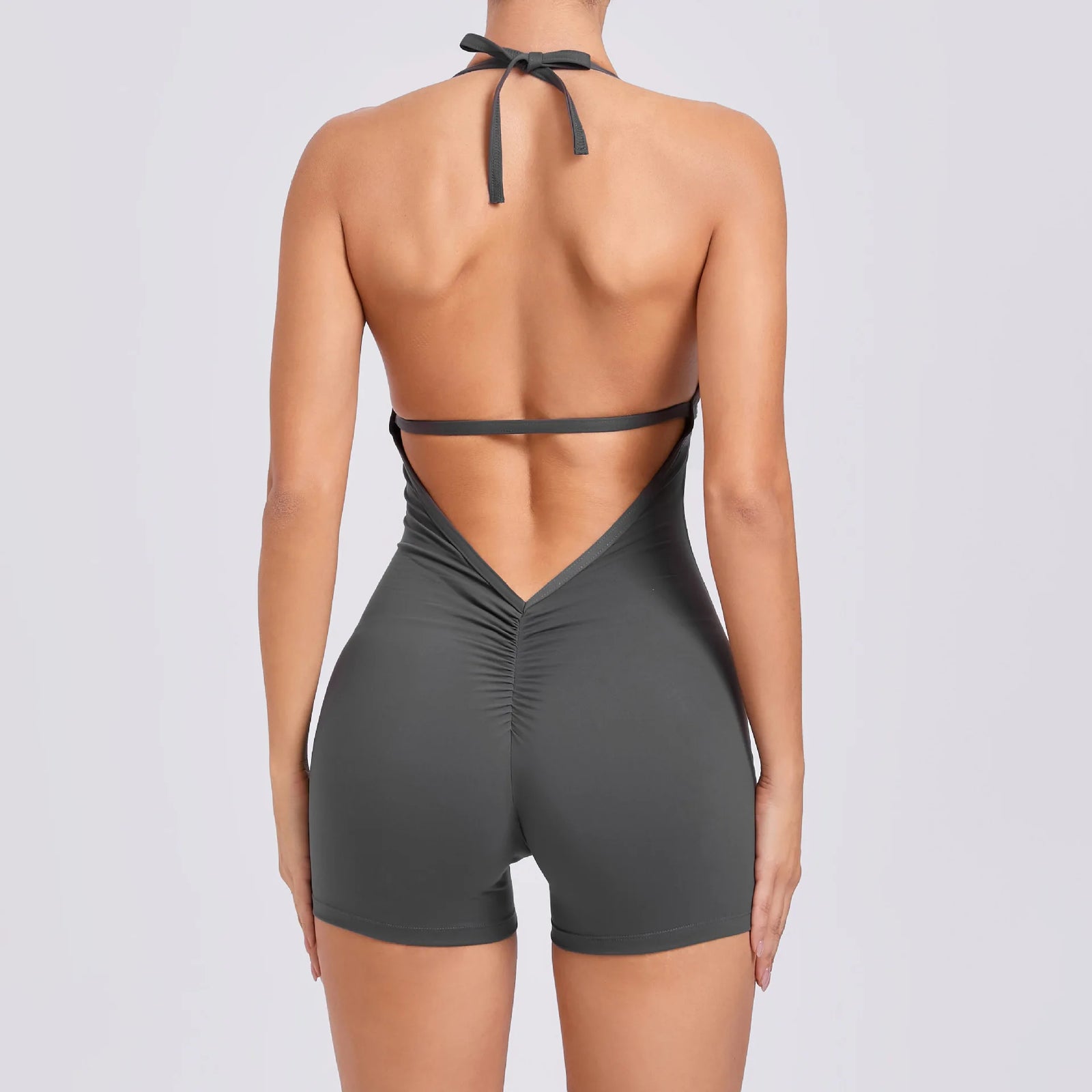 Women's Deep V Halter Nylon Blend Workout Romper with Open Back