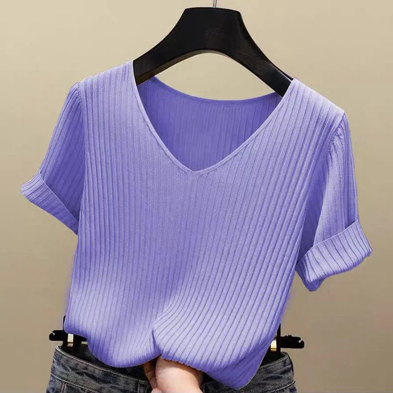 Women's V Neck Short Sleeve Sweater Casual Knit Layer