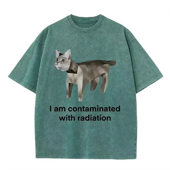 Vintage Washed Green Low Poly Radiation Cat I Am Contaminated Funny Meme Casual T Shirt