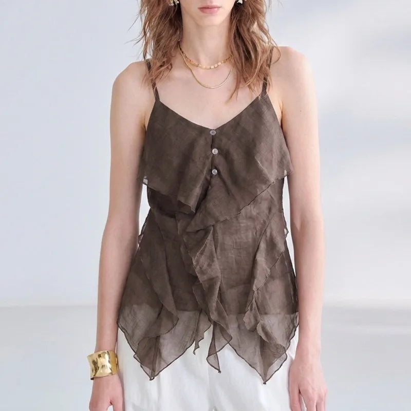 Women's Ramie Sleeveless Camisole Top with Asymmetric Hem and Decorative Front Buttons