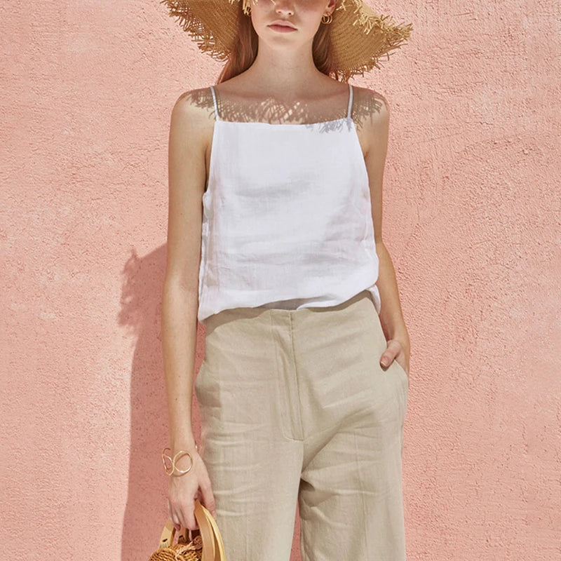 Women's Cotton-Linen Sleeveless Square-Neck Camisole Top with Straps for Casual Summer Outfits