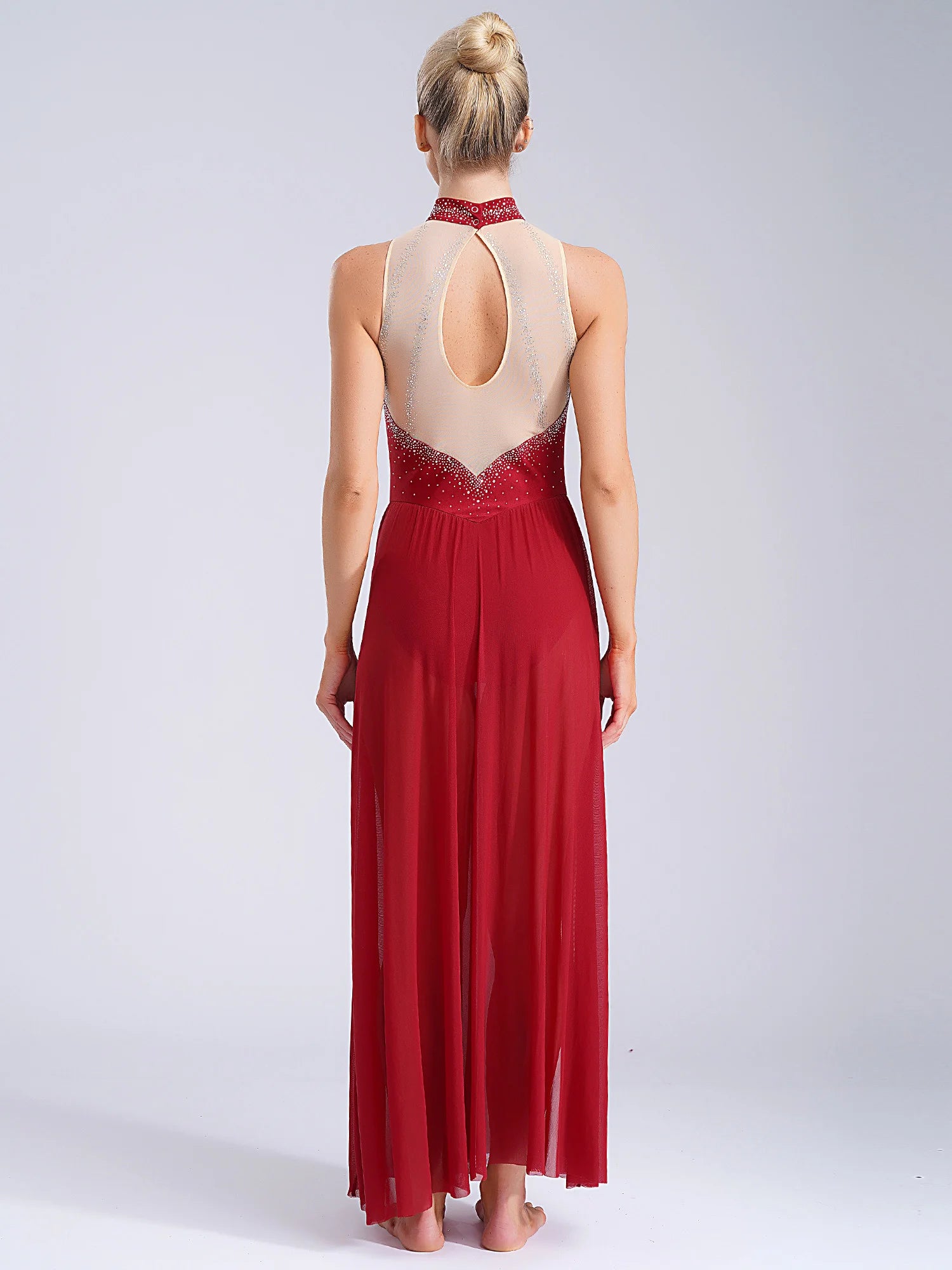 Women's Sleeveless Rhinestone Lyrical Dance Dress with Long Split Mesh Skirt