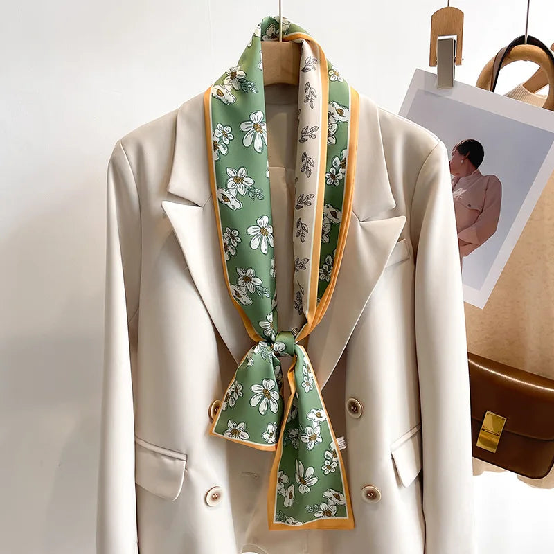 Printed Long Narrow Scarf with Decorative Ribbon Shape