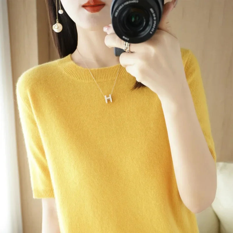 Women's Crew Neck Short Sleeve Sweater Casual Knit Layer