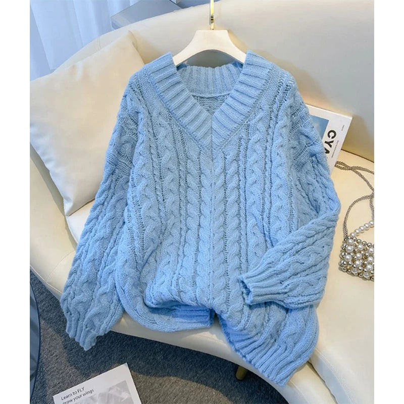 Women's V Neck Cable Knit Sweater Casual Knit Layer