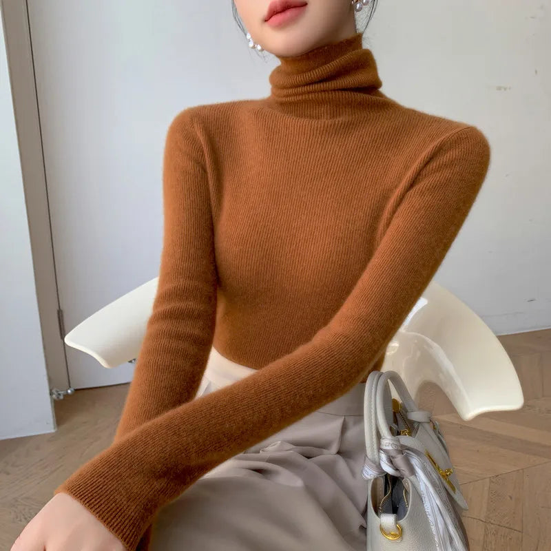 Women's Fitted Roll Neck Long Sleeve Sweater Casual Knit Layer