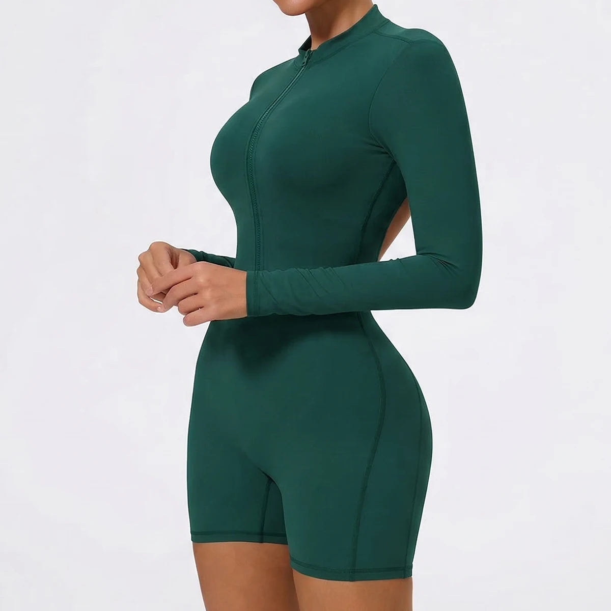 Women's Long Sleeve Nylon Blend Workout Romper with Zipper and Open Back