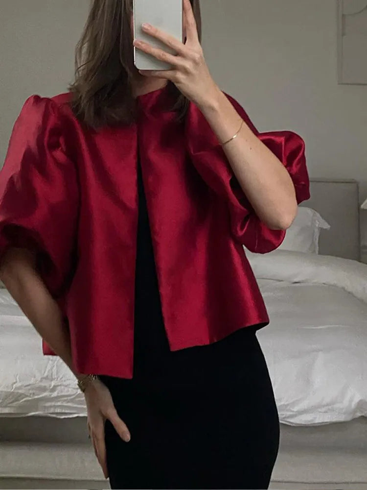 Women's Round Neck Puff Sleeve Cropped Blouse