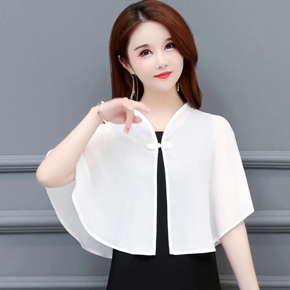 Short Clasp Front Chiffon Cape for Layering over Outfits