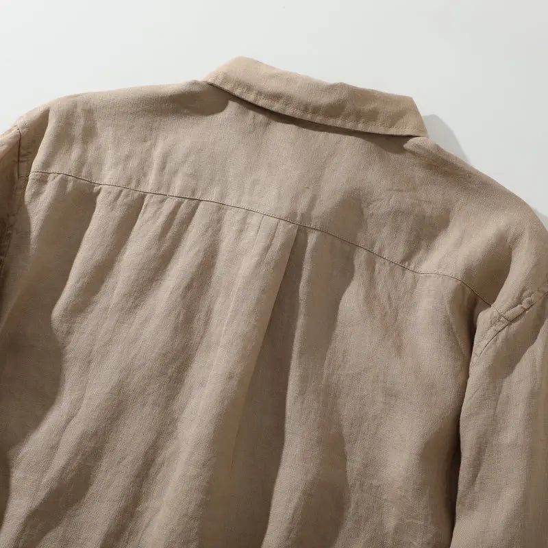 Men's Linen Long-Sleeve Collared Button-Up Shirt with Chest Pocket for Casual Outfits