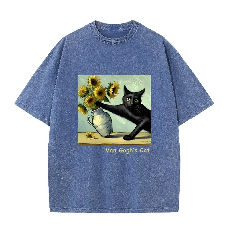 Funny s Cat Sunflower Art Print Vintage Washed Black Casual Top