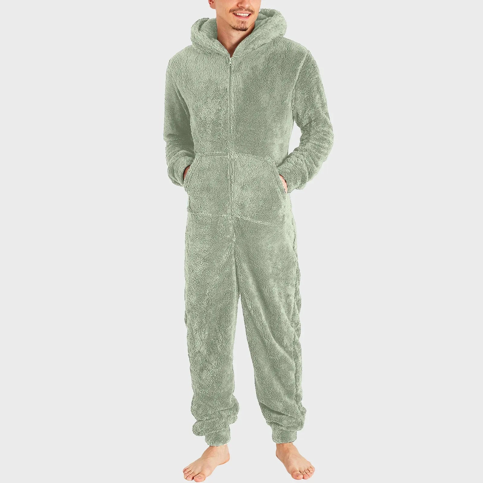 Men's Hooded Zip Front Long Sleeve Plush Pajama Jumpsuit