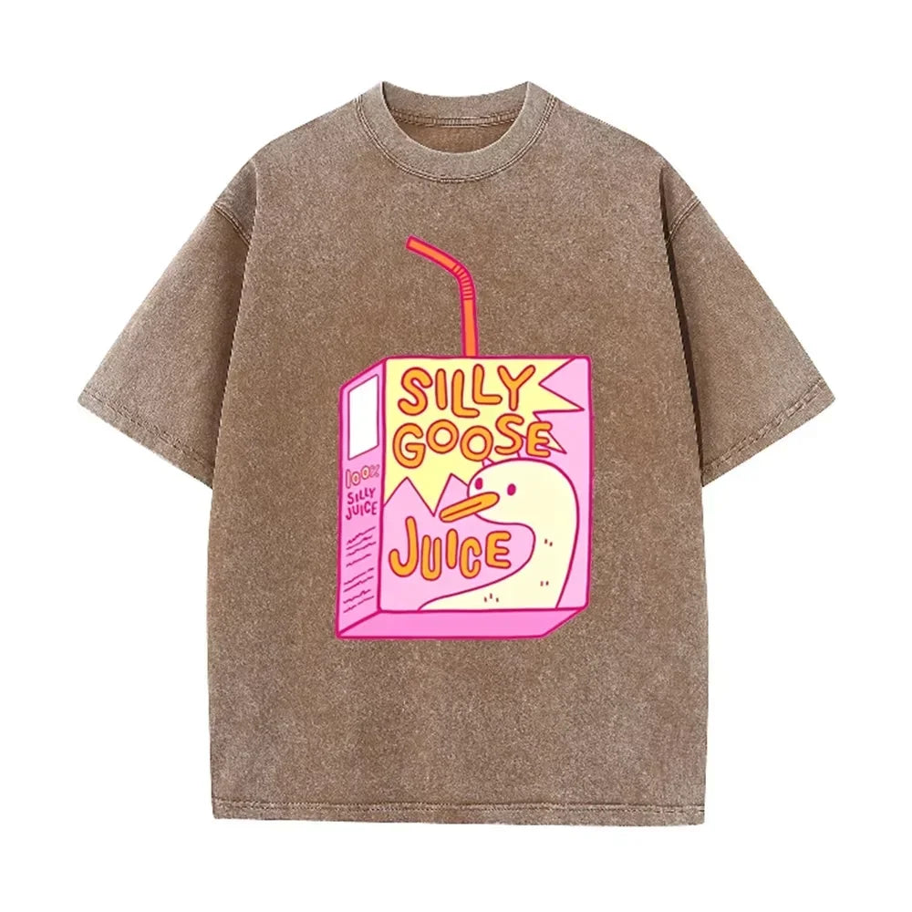 Cute Silly Goose Juice Box Print Washed Purple Y2K Aesthetic Women T-shirt