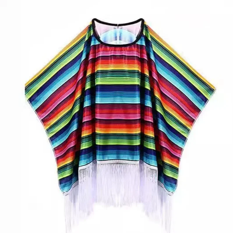 Rainbow Stripe Fringe Poncho for Layering over Outfits