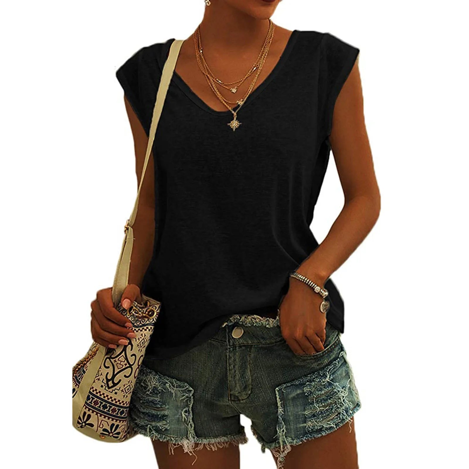 Women's V Neck Polyester Tank Top with Relaxed Sleeveless Cut