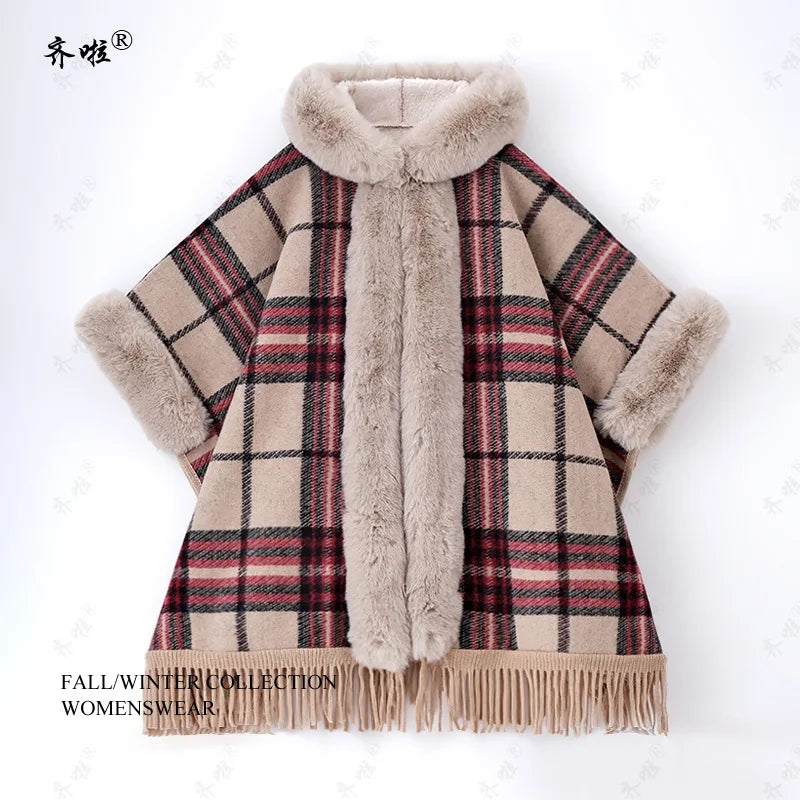 Plaid Hooded Fringed Poncho for Layering over Outfits