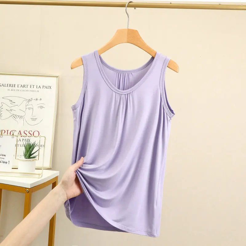 Women's Gathered Neck Polyester Modal Tank Top with Loose Sleeveless Fit