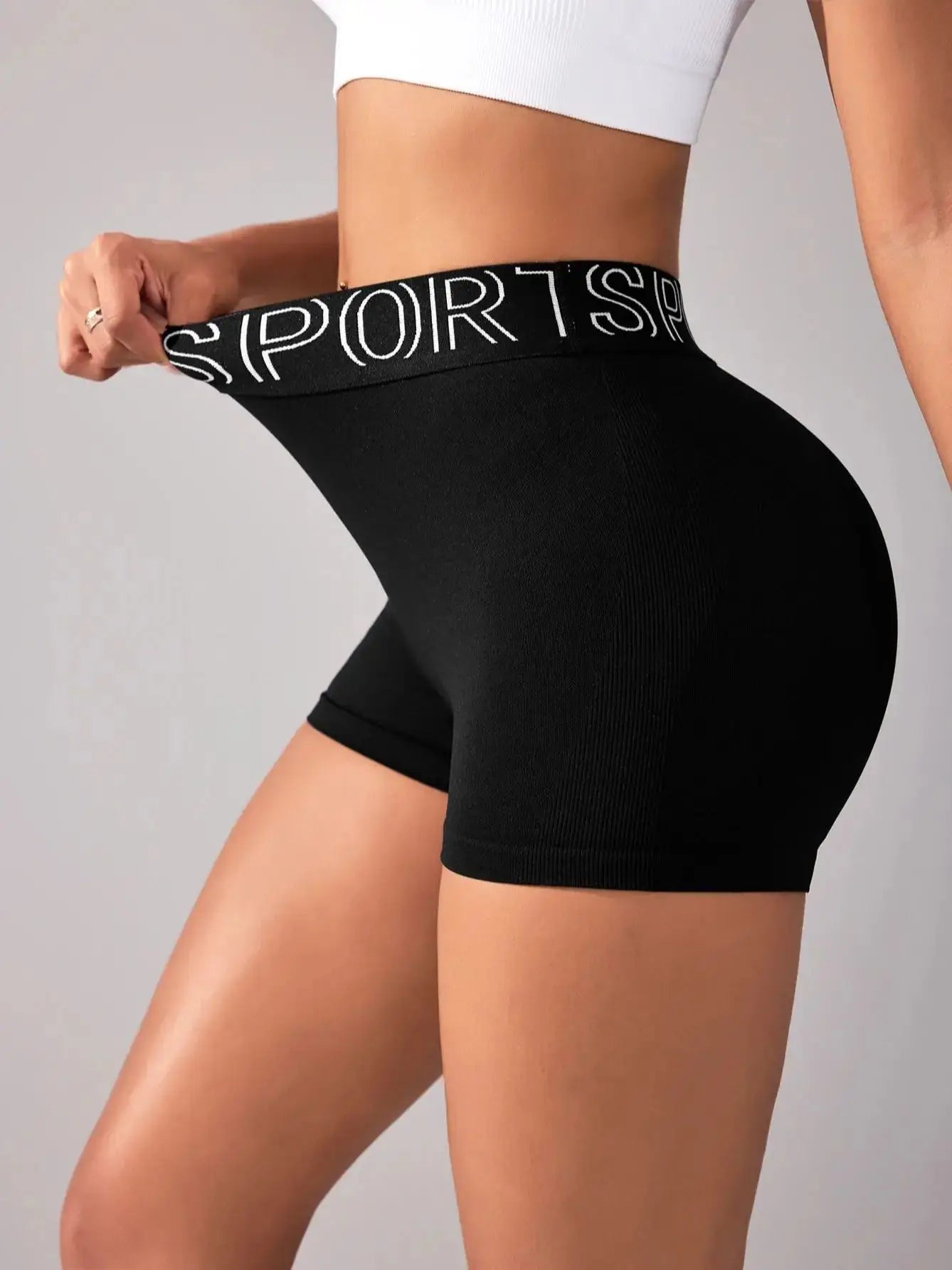 Women's Lettered Waistband Nylon Blend Shorts for Yoga and Fitness