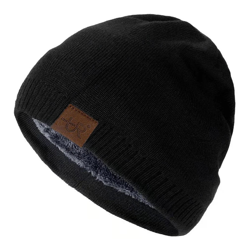 Solid Knit Beanie with Small Patch and Folded Edge