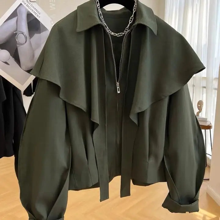 Tiered Collar Cropped Zip Front Jacket for Layering over Outfits