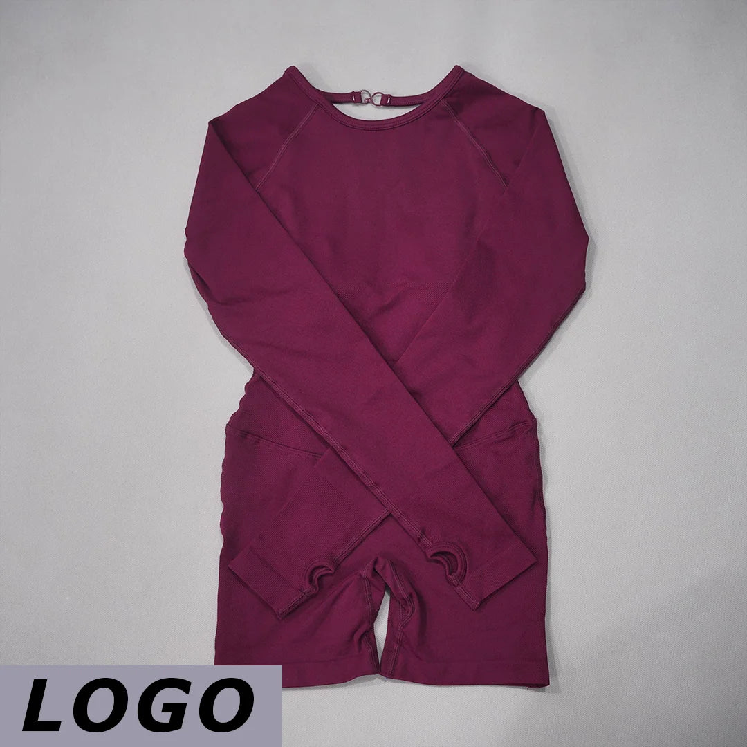 Women's Long Sleeve Nylon Blend Workout Romper with Open Back