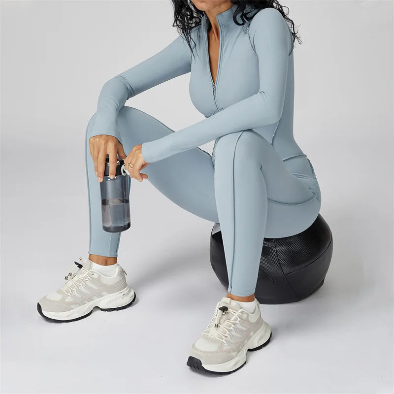 Women's Long Sleeve Nylon Blend Half Zip Workout Jumpsuit with Panel Seams