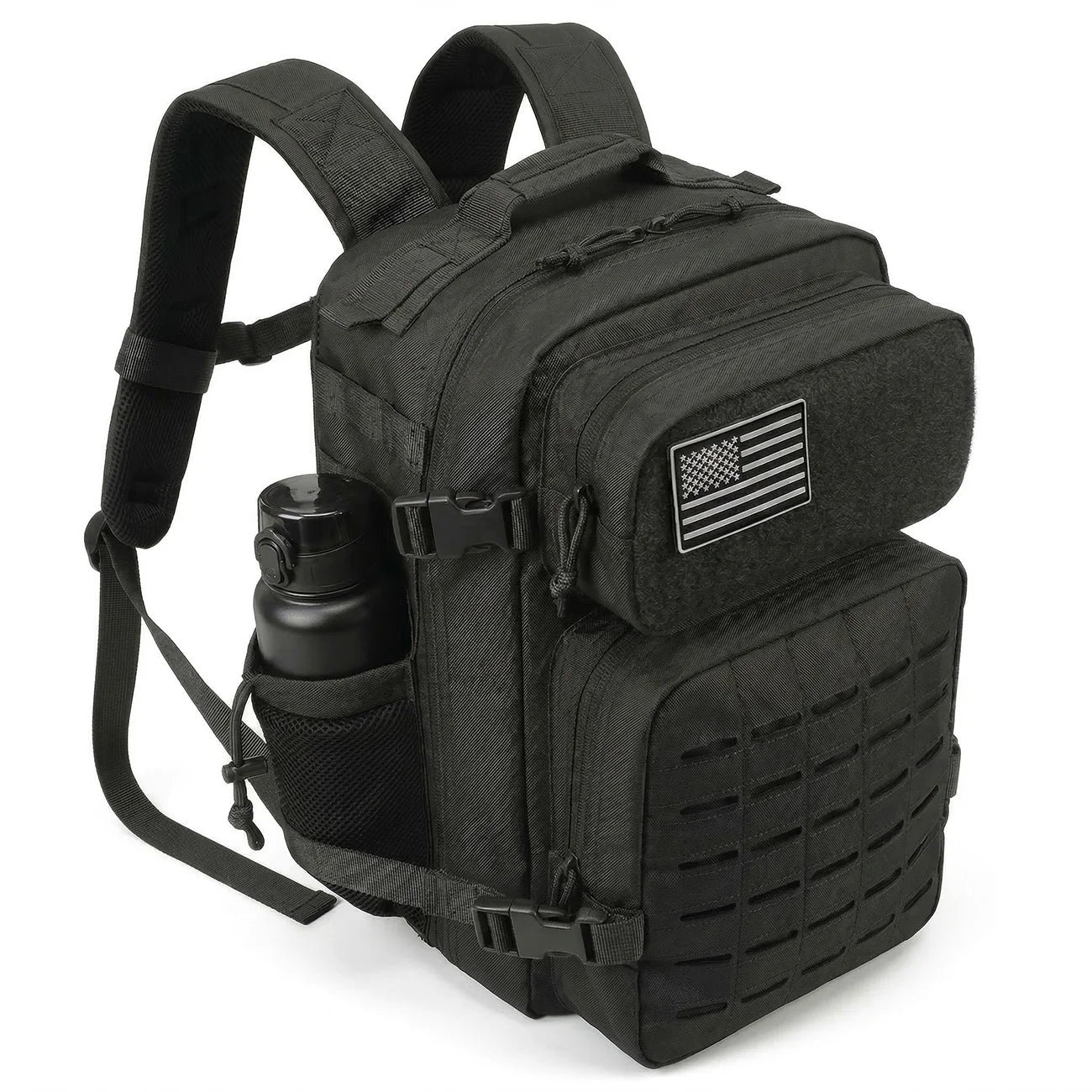 Tactical Travel Backpack with Front Webbing Panels and Side Bottle Pockets